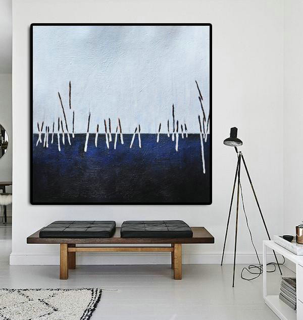 Large Contemporary Art Acrylic Painting,Oversized Abstract Landscape Painting,Artwork For Sale,White,Dark Blue,Black.etc